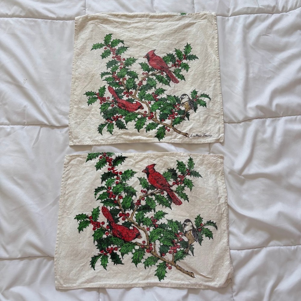 Vintage Luther Travis Christmas Cardinal Holly Placemats 2 Napkin Red Green 80s